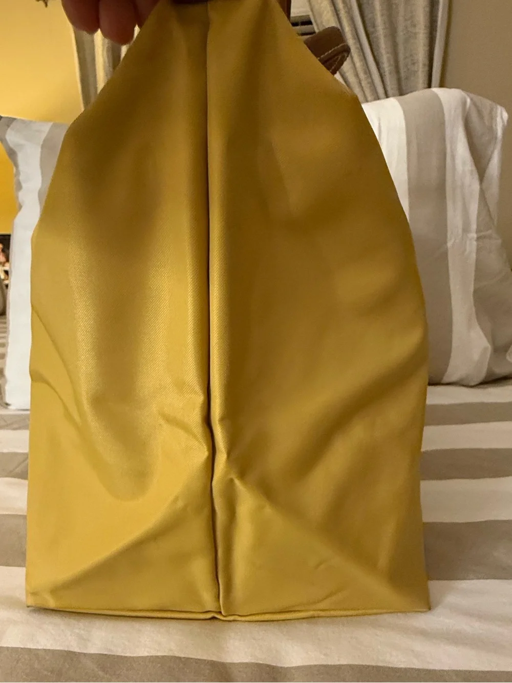 Longchamp Nylon Tote in Mustard Yellow with Brown Leather Trim